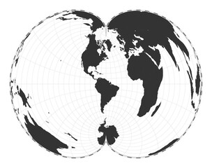 Vector world map. American polyconic projection. Plan world geographical map with latitude/longitude lines. Centered to 60deg E longitude. Vector illustration.