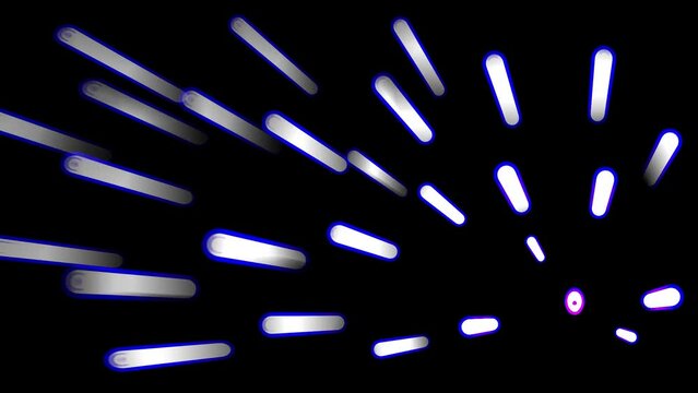 Glowing beams of light, white with blue edges, move in three-dimensional space. Animated background and club video. Endless cycle. The loop