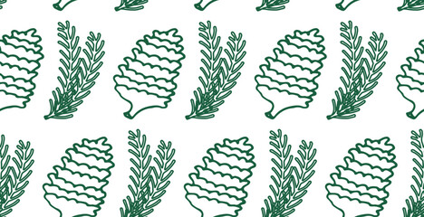 Naklejka na ściany i meble Botanical, organic pattern seamless with pine cones and branches. Green, color. Vector illustration