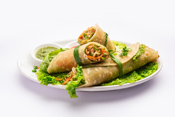 Indian chapati veg spring Rolls filled with vegetables and spices, also called franky