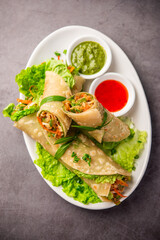 Indian chapati veg spring Rolls filled with vegetables and spices, also called franky