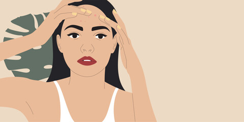 Woman with acne. Beautiful girl in white t-shirt squeezing pimpile on her face. Skin problem concept. Vector illustration.