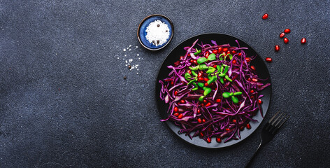 Vegan salad with red cabbage, parsley, pomegranate seeds, sunflower sprouts and olive oil dressing on black kitchen table background, top view banner