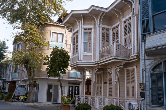 Street view Evdoksia House located in Big Island known as Buyukada, historical mansion of Princes Islands, Evdoksia Evi in Turkish, made by Yori Evdoksia: B&uuml;y&uuml;kada, Istanbul, Turkey - 10.10.22