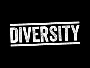 Diversity - the practice of including or involving people from a range of different social and ethnic backgrounds and of different genders, sexual orientations, text stamp concept background