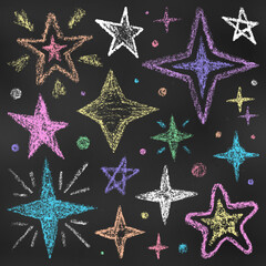 Realistic Chalk Drawn Sketch. Set of Design Elements Stars of Different Colors Isolated on Chalkboard Backdrop.