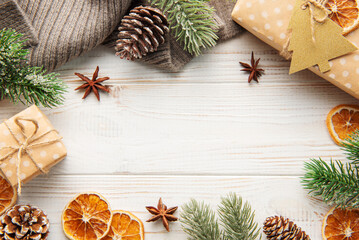 Christmas decoration with presents making a frame with copy space.