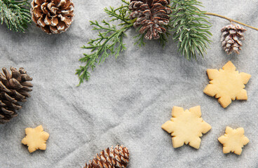 Pine branch and Christmas cookies on a textile background