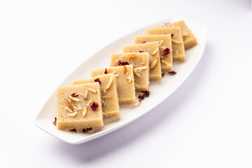 Rava barfi or sooji burfi or barfee is an Indian Sweet made with semolina, sugar, ghee and almonds