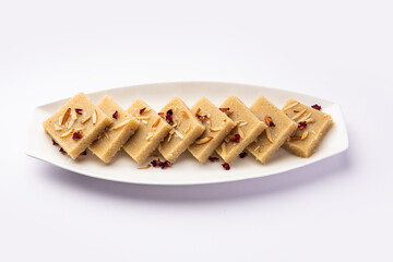 Rava barfi or sooji burfi or barfee is an Indian Sweet made with semolina, sugar, ghee and almonds