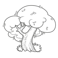 Big old deciduous tree linear drawing for coloring isolated on white background