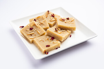 Rava barfi or sooji burfi or barfee is an Indian Sweet made with semolina, sugar, ghee and almonds