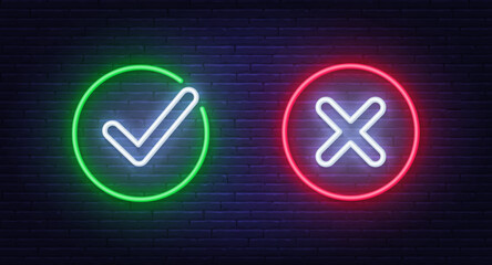 Cancel and Check mark neon sign ok, yes on brick wall background. Rejection and Approved neon symbol.