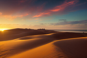 Fototapeta na wymiar Panorama banner of sand dunes Sahara Desert at sunset. Endless dunes of yellow sand. Desert landscape Waves sand nature