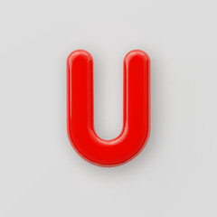 3D Red plastic uppercase letter U with a glossy surface on a gray background.