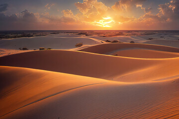 Fototapeta na wymiar Stunning gold hues bathe the Sahara Desert sand dunes at sunset, highlighting their mesmerizing curves and patterns. A breathtaking showcase of nature's golden hour beauty. 