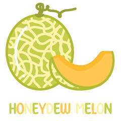 Honeydew melon. Hand drawn flat shiny fruits cartoon vector illustration with cute glossy letters isolated on white background.