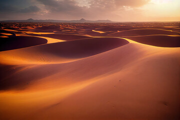 Fototapeta na wymiar Stunning gold hues bathe the Sahara Desert sand dunes at sunset, highlighting their mesmerizing curves and patterns. A breathtaking showcase of nature's golden hour beauty. 