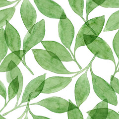 Seamless pattern watercolor green leaves