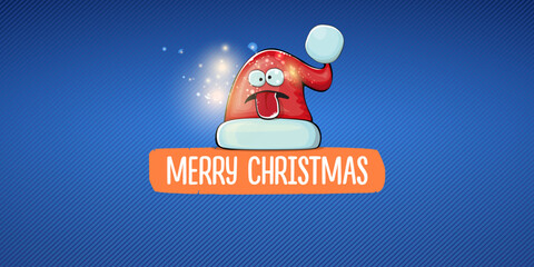 Vector cartoon Santa Claus red hat with smile face isolated on blue horizontal bannner background with lights. Merry Christmas greeting banner with funny monster Santa Claus hat. Santa hat