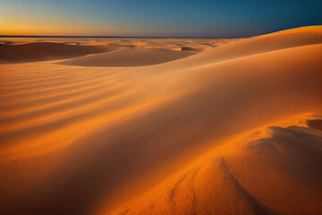 Fototapeta na wymiar Stunning sunrise illuminating the vast sand dunes of the Sahara Desert. Golden light casts perfect shadows, showcasing the beauty and grandeur of Africa's majestic landscape 