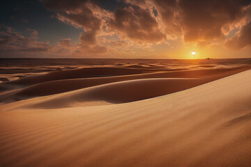 Naklejka na ściany i meble Panorama banner of sand dunes Sahara Desert at sunset. Endless dunes of yellow sand. Desert landscape Waves sand nature