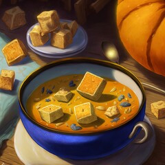 Bowl of delicious creamy pumpkin soup. Perfect for Thanksgiving. 