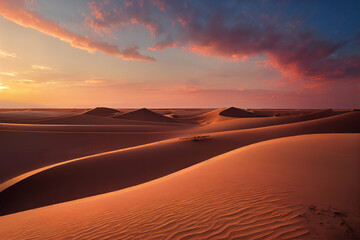 Majestic sunset illuminating the vast sand dunes of the Sahara Desert, capturing nature's tranquil spectacle against a dramatic sky. Perfect moment of solitude in Africa's expanse.  