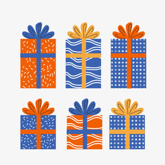 Set of colorful gifts, different boxes with bows. Flat style
