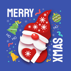 Christmas banner with Santa gnome. Winter holiday design for greeting card. Paper cutout hat, mustache and beard of Santa Claus. Merry xmas. Paper cut out art style