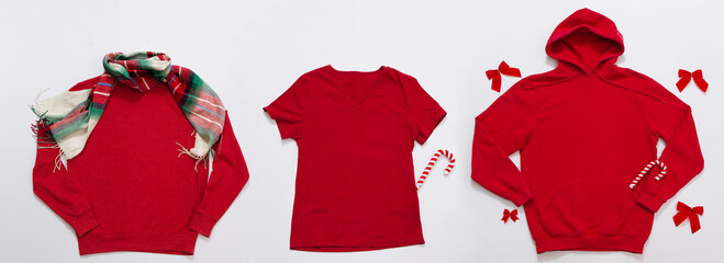 Close up banner red blank template sweatshirt, hoodie, t shirt with copy space and Christmas Holiday concept. Top view mockup. Holidays decorations on white background. Happy New Year clothes. Xmas