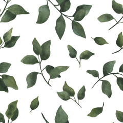 Seamless pattern of twigs with leaves. watercolor print