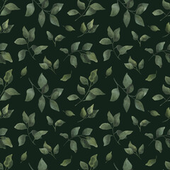 Seamless pattern of twigs with leaves. watercolor print