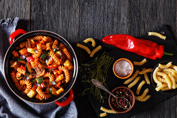 Vegetable with Pasta  in red pot, top view