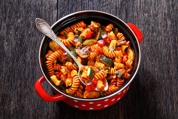 Vegetable with Pasta  in red pot, top view