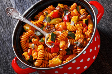 Vegetable with Pasta  in red pot, top view
