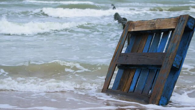 Old blue wooden EPAL palette on the shore, trash and waste litter on an empty Baltic sea white sand beach, environmental pollution problem, overcast day, medium shot
