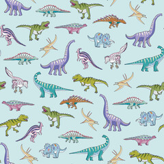 Dinosaur collection vector seamless pattern.