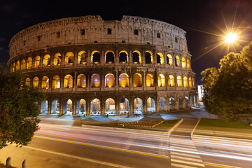 rome, italy, colosseum old ancient building gladiator battle at night.