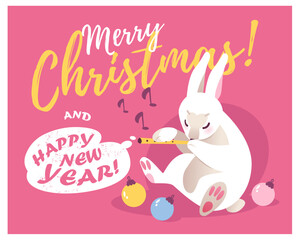 A rabbit plays the flute. Greeting card for Christmas and New Year 2023  with a cute rabbit. Vector illustration.