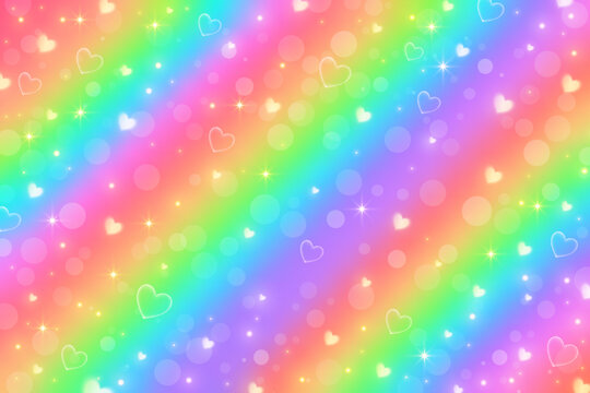 Rainbow fantasy background. Holographic illustration in pastel colors. Cute cartoon girly background. Bright multicolored sky with hearts. Vector.