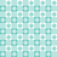 Fototapeta premium Checkered Christmas pattern with snowflakes. Seamless green gingham background. Scandinavian winter vichy backdrop. Vector holiday print