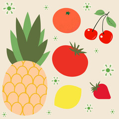 Flat fruits and vegetables. Bright, juicy set