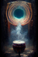 shaman drum calling the spirits, shaman and the other worlds, transpassing of two realities, calling the spirits, smoke on black background, illustration, digital