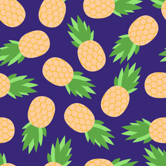 Yellow, juicy pineapple. Fruit tropical pattern on a purple background. Vector illustration.