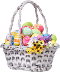 Happy Easter day colorful eggs in basket with flowers