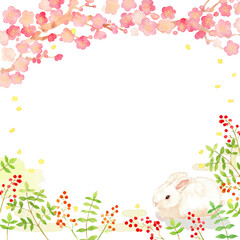 梅と南天と兎のお正月正方形バナー　白兎