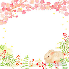 梅と南天と兎のお正月正方形バナー　茶兎