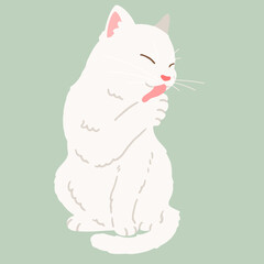 Hand drawn white cat sitting and grooming illustration flat colored