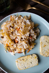 Kimchi with rice and tofu. Kimchi, traditional Korean side dish of salted and fermented vegetables.
